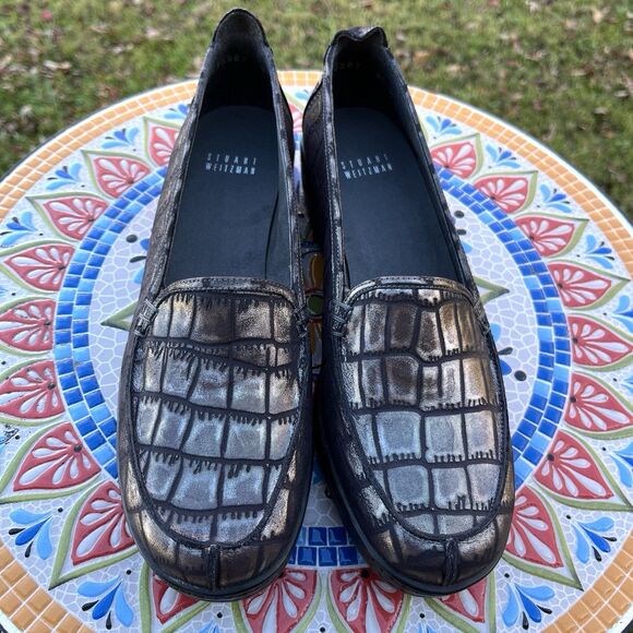 Stuart Weitzman Parker Lift Women's Sz 8.5 M Gray Metallic Croc Embossed Loafer - Picture 2 of 9